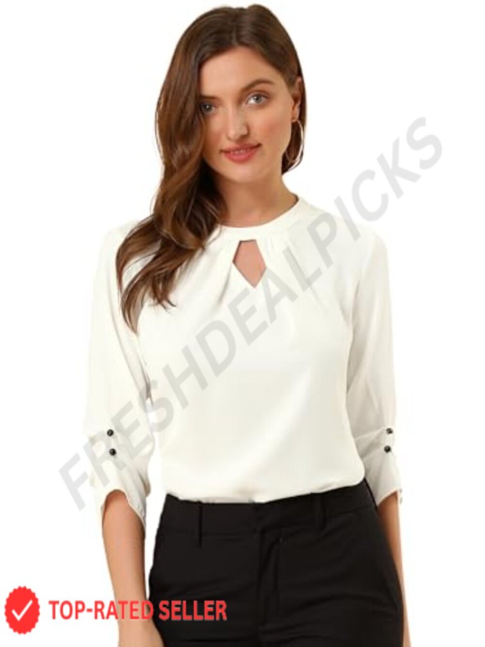 Womens Ruched 3/4 Sleeve Keyhole Front Pleated Work Blouse Dressy Casual Top